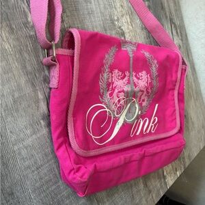 PINK Victoria's Secret Hot Pink Canvas Crossbody with Silver Crest